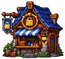 Boutique pixel art avec auvent, coffre et potions