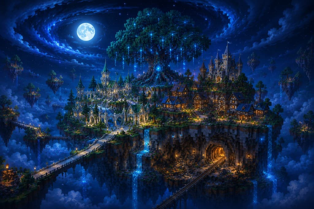 Île flottante autour d’un arbre-monde lumineux, univers Skyblock Reverie